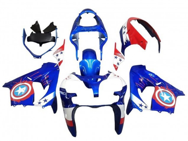 Billige Kawasaki ZX9R Motorrad Verkleidung 2002-2003 - Blau Weiss Rot Captain America Stern