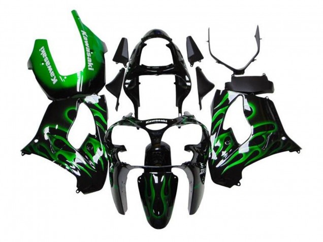 Billige Kawasaki ZX9R Motorrad Verkleidung 2002-2003 - Schwarz Weiss mit Gruner Flamme
