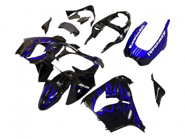 Billige Kawasaki ZX9R Motorrad Verkleidung 2002-2003 - Schwarz Weiss mit blauer Flamme