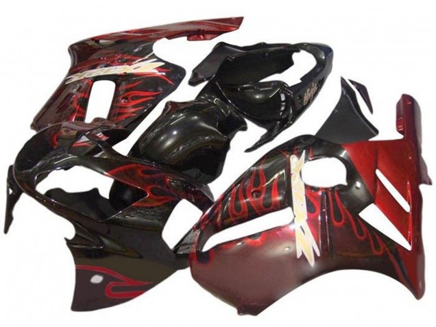 Billige Kawasaki ZX12R Motorrad Verkleidung 2000-2001 - Glanzendes Schwarz Rot Flamme