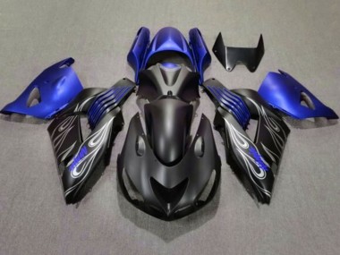 Billige Kawasaki ZX14R ZZR1400 Motorrad Verkleidung 2006-2011 - Matt Schwarz Blau Silber Flamme