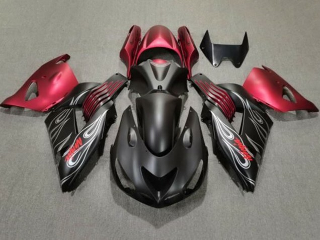 Billige Kawasaki ZX14R ZZR1400 Motorrad Verkleidung 2006-2011 - Matt Schwarz Rot Silber Flamme