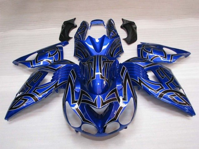 Billige Kawasaki ZX14R ZZR1400 Motorrad Verkleidung 2006-2011 - Blau Schwarz Silber Tribal