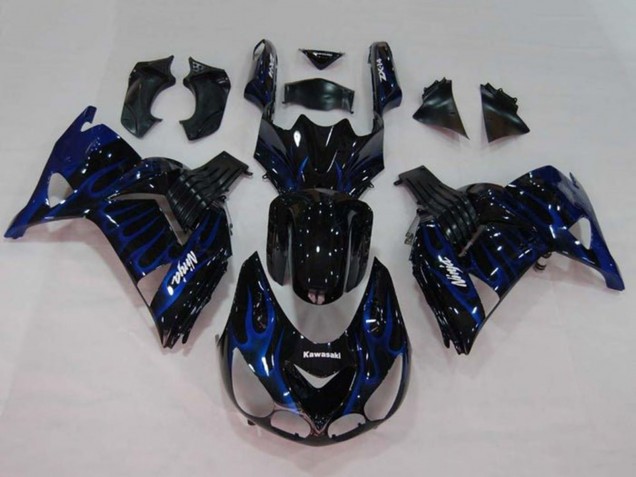 Billige Kawasaki ZX14R ZZR1400 Motorrad Verkleidung 2006-2011 - Glanzendes Schwarz Blau Flamme
