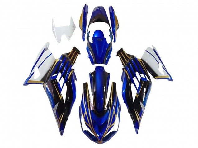 Billige Kawasaki ZX14R ZZR1400 Motorrad Verkleidung 2012-2024 - Weiss Gold Blau Schwarz Streifen