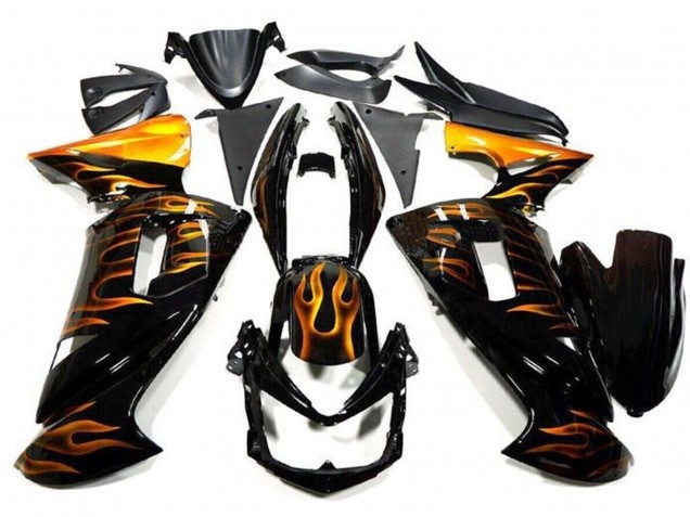 Billige Kawasaki Ninja 650 EX650 Motorrad Verkleidung 2006-2008 - Glanzendes Schwarz Gold Flamme