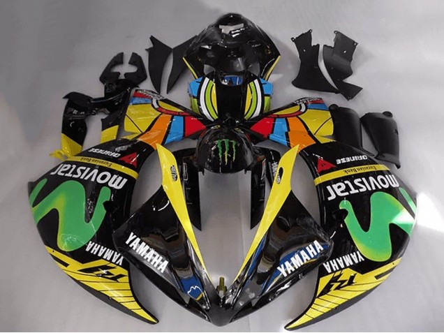 Billige Yamaha YZF R1 Motorrad Verkleidung 2012-2014 - Glanzendes Schwarz Gelb Grun Weiss Blau MoviStar Monster