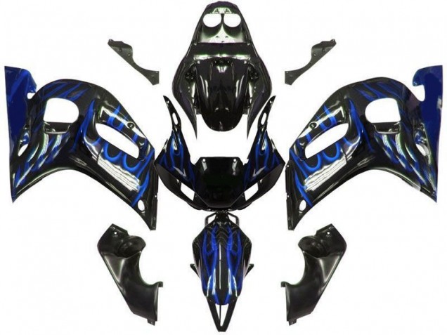 Billige Yamaha YZF 600 R6 Motorrad Verkleidung 1998-2002 - Glanzendes Schwarz Blau Flamme