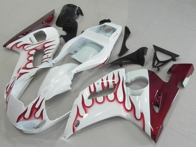 Billige Yamaha YZF R6 Motorrad Verkleidung 1998-2002 - Weiss Rot Flamme