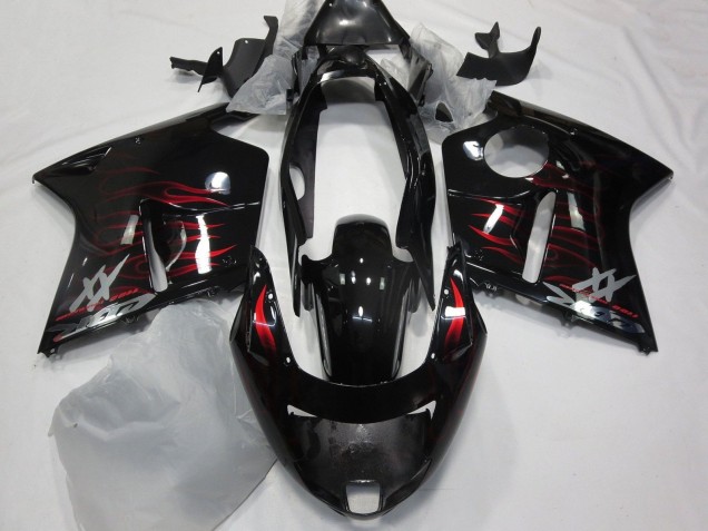 Billige Honda CBR1100XX Blackbird Motorrad Verkleidung 1996-2007 - Glanzendes Schwarz Rot Flamme