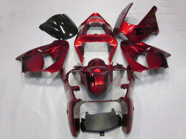 Billige Kawasaki ZX6R Motorrad Verkleidung 2000-2002 - Bonbon Rot Schwarz Tribal