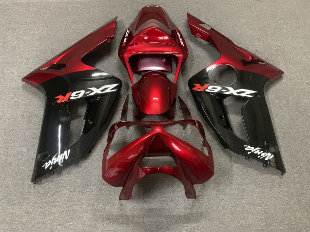 Billige Kawasaki ZX6R Motorrad Verkleidung 2003-2004 - Rot Glanzendes Schwarz Weiss Ninja