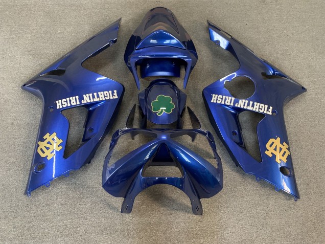 Billige Kawasaki ZX6R Motorrad Verkleidung 2003-2004 - Blau Grun Gold Weiss Fighting Irish