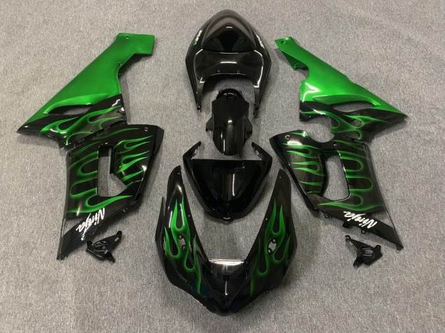 Billige Kawasaki ZX6R Motorrad Verkleidung 2005-2006 - Glanzendes Schwarz Grun Flamme