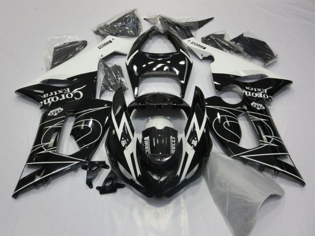 Billige Kawasaki ZX6R Motorrad Verkleidung 2005-2006 - Glanzendes Schwarz Weiss Corona Extra Tribal