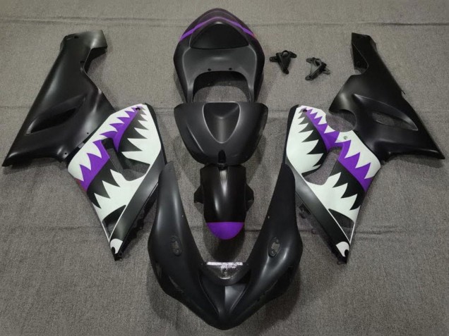 Billige Kawasaki ZX6R Motorrad Verkleidung 2005-2006 - Matt Schwarz Weiss Lila Hai