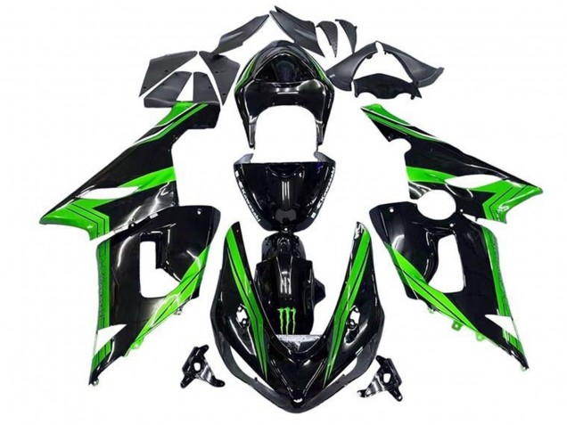 Billige Kawasaki ZX6R Motorrad Verkleidung 2005-2006 - Grun Glanzendes Schwarz Monster Streifen