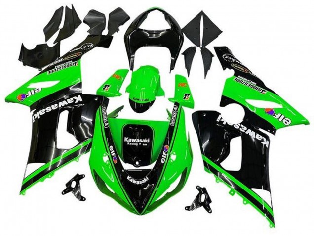 Billige Kawasaki ZX6R Motorrad Verkleidung 2005-2006 - Glanzendes Schwarz Grun Weiss Elf Touch4 Bridgestone