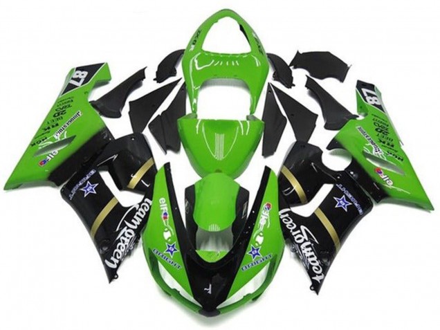 Billige Kawasaki ZX6R Motorrad Verkleidung 2005-2006 - Grun Glanzendes Schwarz Blau Stern Team Grun