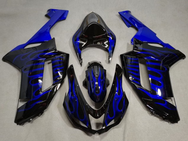 Billige Kawasaki ZX6R Motorrad Verkleidung 2007-2008 - Schwarz Blaue Flamme