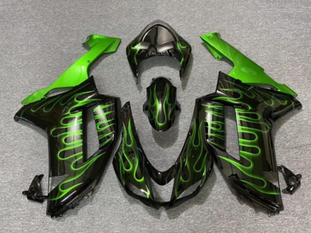 Billige Kawasaki ZX6R Motorrad Verkleidung 2007-2008 - Schwarz Grun Flamme