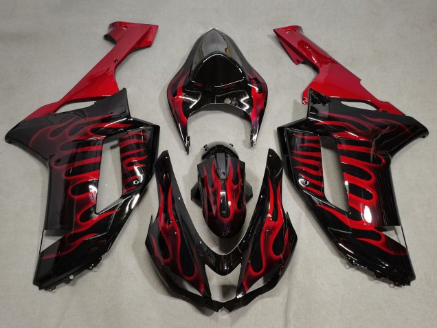 Billige Kawasaki ZX6R Motorrad Verkleidung 2007-2008 - Schwarz Rot Geschmiedet Carbonfaser