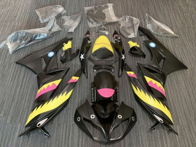 Billige Kawasaki ZX6R Motorrad Verkleidung 2009-2012 - Gelb Rosa Matt Schwarz Hai