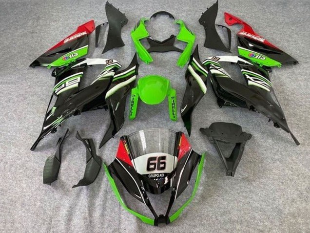 Billige Kawasaki ZX6R Motorrad Verkleidung 2013-2018 - Grun Weiss Schwarz Rot Elf 66