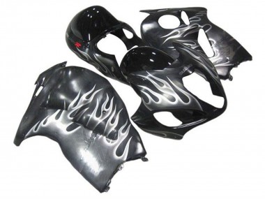 Billige Suzuki GSXR 1300 Hayabusa Motorrad Verkleidung 1996-2007 - Grau Schwarz Weiss Flamme