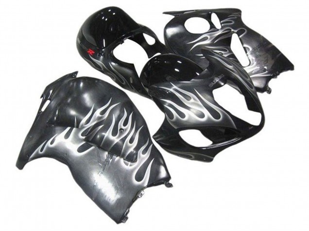 Billige Suzuki GSXR 1300 Hayabusa Motorrad Verkleidung 1996-2007 - Grau Schwarz Weiss Flamme