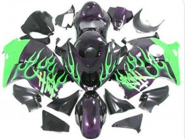 Billige Suzuki GSXR 1300 Hayabusa Motorrad Verkleidung 1996-2007 - Glanzendes Schwarz Grun Flamme