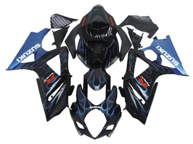 Billige Suzuki GSXR 1000 Motorrad Verkleidung 2005-2006 - Schwarz Hellblau Flamme