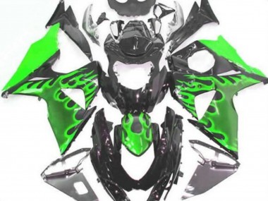 Billige Suzuki GSXR 1000 Motorrad Verkleidung 2009-2016 - Glanzendes Schwarz Grun Flamme