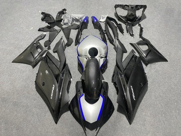 Billige Yamaha YZF R3/R25 Motorrad Verkleidung 2019-2021 - Schwarzer Carbonfaser Stil Silberblau
