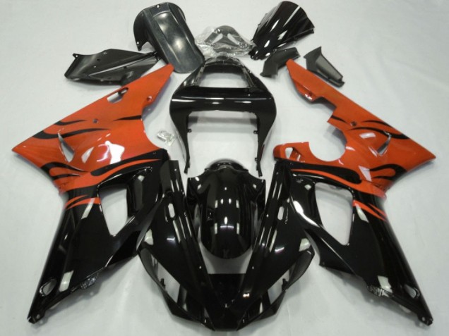 Billige Yamaha YZF 1000 R1 Motorrad Verkleidung 2000-2001 - Orange Glanzendes Schwarz Flamme