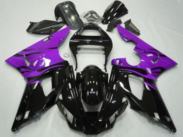 Billige Yamaha YZF 1000 R1 Motorrad Verkleidung 2000-2001 - Lila Glanzendes Schwarz Flamme