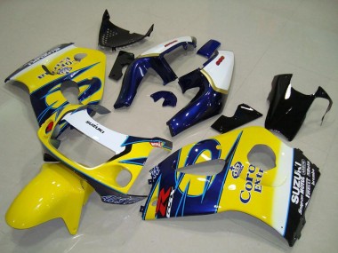 Billige Suzuki GSXR 600 Motorrad Verkleidung 1996-2000 - Weiss Gelb Blau Corona