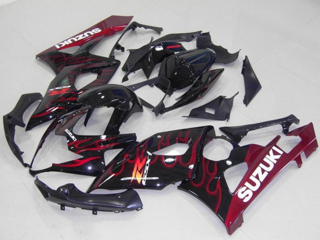 Billige Suzuki GSXR 1000 Motorrad Verkleidung 2005-2006 - Glanzendes Schwarz Rot Flamme