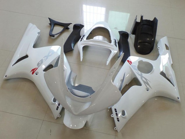 Billige Kawasaki ZX6R Motorrad Verkleidung 2003-2004 - Weiss mit Silber Aufkleber