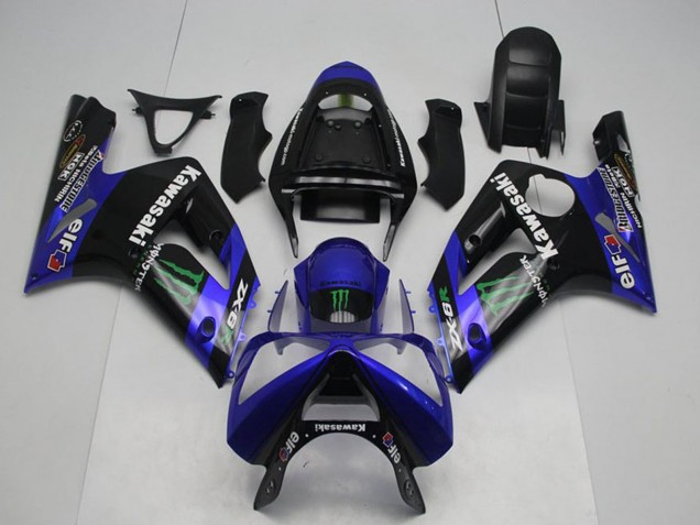 Billige Kawasaki ZX6R Motorrad Verkleidung 2003-2004 - Glanzendes Schwarz Blau Grun Monster