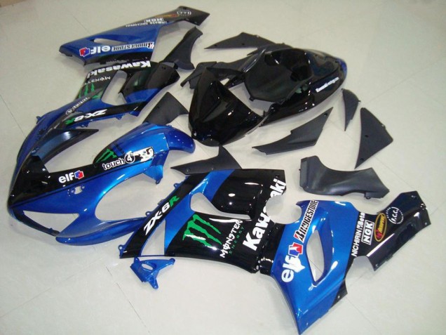 Billige Kawasaki ZX6R Motorrad Verkleidung 2005-2006 - Blau Glanzendes Schwarz Grun Monster