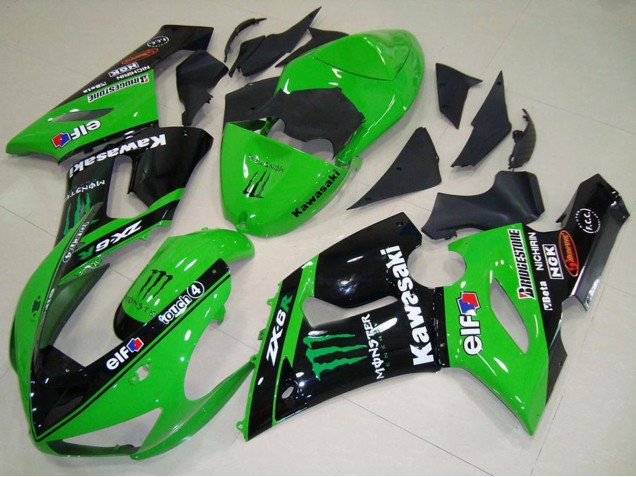 Billige Kawasaki ZX6R Motorrad Verkleidung 2005-2006 - Grun Glanzendes Schwarz Elf Monster