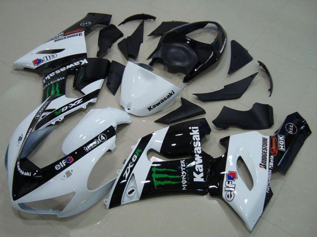 Billige Kawasaki ZX6R Motorrad Verkleidung 2005-2006 - Weiss Glanzendes Schwarz Grun Monster