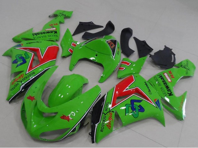 Billige Kawasaki ZX6R Motorrad Verkleidung 2005-2006 - Grun Rot Schwarz ENEOS Banca