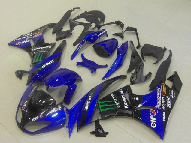 Billige Kawasaki ZX6R Motorrad Verkleidung 2009-2012 - Blau Glanzendes Schwarz Grun Elf Monster Bridgestone