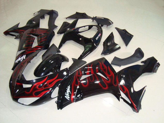 Billige Kawasaki ZX10R Motorrad Verkleidung 2006-2007 - Glanzendes Schwarz Rot Flamme