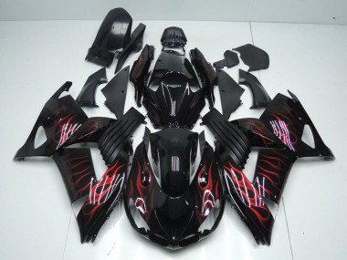 Billige Kawasaki ZX14R ZZR1400 Motorrad Verkleidung 2006-2011 - Glanzendes Schwarz Rot Flamme