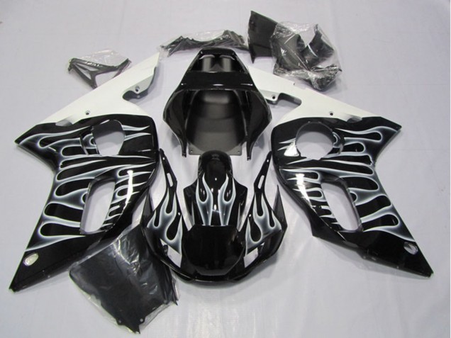 Billige Yamaha YZF R6 Motorrad Verkleidung 1998-2002 - Glanzendes Schwarz Weiss Flamme