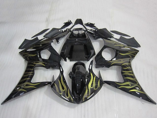 Billige Yamaha YZF R6 Motorrad Verkleidung 2003-2004 - Glanzendes Schwarz Gold Flamme