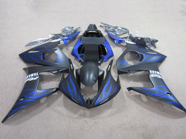 Billige Yamaha YZF R6 Motorrad Verkleidung 2003-2004 - Matt Schwarz Blau Flamme